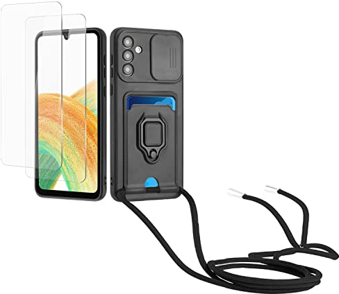 Kaslly Case für Samsung Galaxy A54 5G Handykette Hülle+[2 Schutzfolie Glas],Slide kameraschutz,Silikon Handyhülle zum Umhängen Kette,Kartenfach-Schwarz