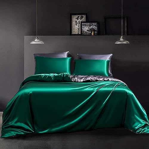 YASMENG Satin Bettwäsche 135x200 4teilig Grün Dunkelgrau Bettbezug Set Seide Bettwäsche Satin Glatt Glänzend Seidig Luxus Weich Satin Wendebettwäsche mit Reißverschluss und 2 Kissenbezüge 80×80 cm