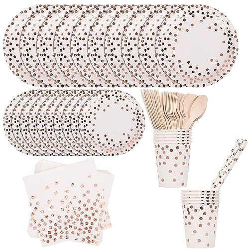 Juego de vajilla desechable para fiesta, juego de vajilla de eliminación de lunares de oro rosa, platos de fiesta, servilletas, fiesta de cumpleaños, confeti, lunares de oro rosa, blanco, 80 piezas