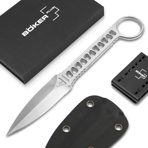 BÖKER Plus® Voodoo - kleines feststehendes EDC Messer mit 440C Griff - hochwertiges Gürtelmesser mit 440C Klinge - Messer mit feststehender Klinge unter 12 cm mit Kydex Scheide, Silber