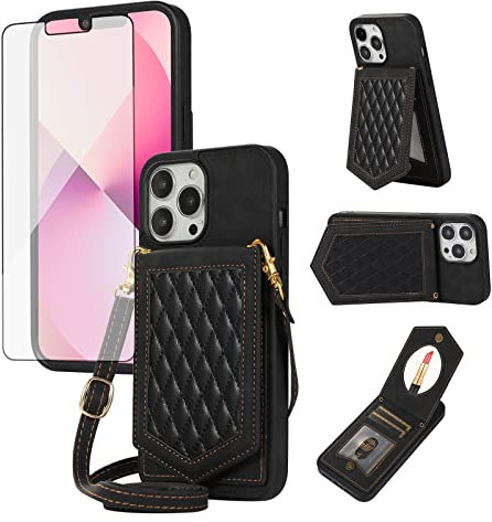 Asuwish Handyhülle für iPhone 13 Pro Hülle mit Band und Glas Folie Schutzfolie Spiegel Kartenfach Klappbar Leder Geldbörse Ständer iPhone13ProHülle i Phone13Hülle 13Pro Handy Hüllen Phone Case Schwarz