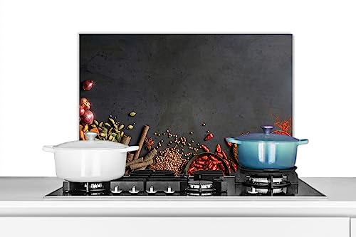 KitchenYeah© Küchenrückwand Platte Spritzschutz Küche Deko Aluminium Platte Spritzschutz Herd Alternative für Selbstklebende FolieKräuter - Beton - Lebensmittel - Gewürze - Schwarz - Paprika - Zimt -