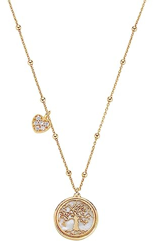 Amen collana con ciondolo albero della vita in argento 925 dorato e madreperla e ciondolo a forma di cuore in argento 925 con zirconi, lunghezza 40+4 cm. CLALCUG