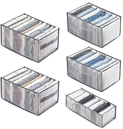 Joycabin 5 Stück Kleiderschrank Kleider Organizer, Aufbewahrungsbox Schrank Schubladen,Kleideraufbewahrung Ordnungssystem Box aus Mesh für Jeans, Hosen, T-Shirt, Hemden