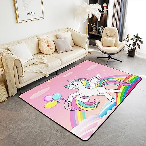 Homemissing Belle Licorne Salon Tapis Chambre 150x200cm Fille Magique Licorne décoratif Rainbow Cloud Star Tapis de Salon Cartoon Rose