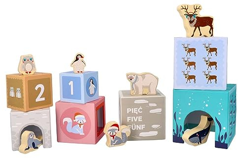 Stapelturm für Babys, Stapelbecher, Spielzeug ab 1 Jahr, arktische Tiere - 7X Tassen, 7X Tierfiguren - Bildungsspielzeug - Zahlen, Sprachen - Bemaltes Holz, Harter Karton - Geschenk für EIN Kleinkind