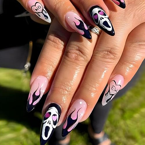 Carufin 24 Pcs Halloween Falsche Nägel Böse Charm Liebe Skelett Gefälschte Nägel Lange Spitze Nagelpresse Auf Falsche Nägel