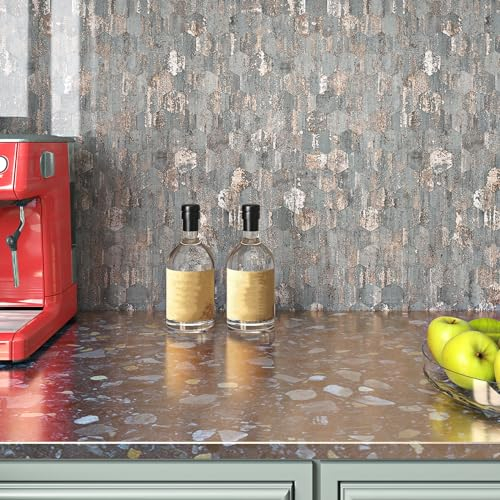 Livelynine Klebefolie Küche Marmor Grau Roségold Abwaschbare Tapete Selbstklebend Küchenrückwand Badezimmer Selbstklebende Folie für Möbel Küche Tisch Küchenarbeitsplatte Marmor Folie Hexagon 40CMx2M