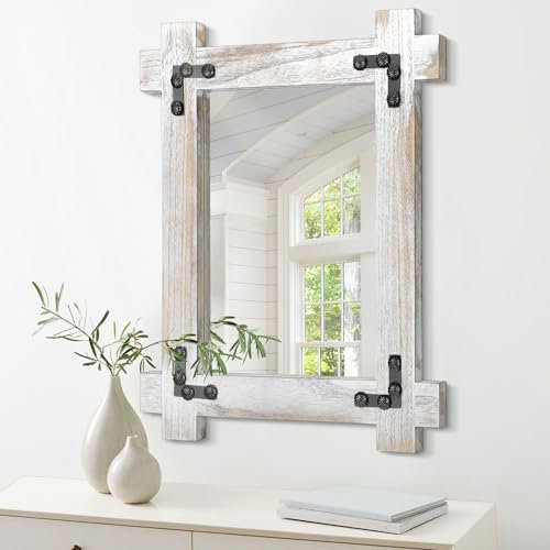 Lzuso Espejo colgante rústico con marco de madera, espejo de pared rectangular vintage, espejo decorativo para dormitorio, baño, sala de estar, espejo de tocador, blanco, grande