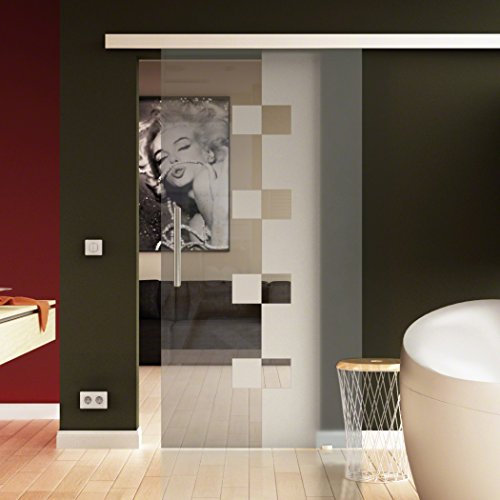 Schiebetür in Glas 205x65 cm (Höhe x Breite) Dessin: Würfel (W) Sadora® SlimLine-System komplett Laufschiene und Edelstahl-Griff, für Innenbereich. ESG-Sicherheitsglas