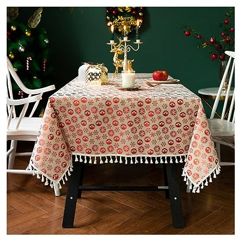 KnSam Tischwäsche 140x300CM, Weihnachten Stern Schneeflocke Hirsche mit Quaste Tischdecke Leinen Tischdecke für Gartentisch Fleckschutz Schmutzabweisend Mitteldecke für das ganze Jahr, Rot