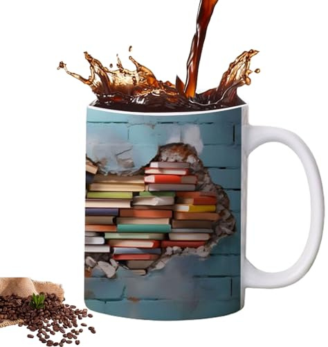 E-ALLDIR 3D Bookshelf Mug, Creative Design Ceramic Coffee Mug, Library Bookshelf Mug, 3D Effect Books Mugs 11 Oz, A Library Shelf Cup, Book Club Cup