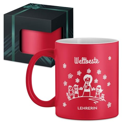 Maverton Keramikbecher 330ml mit Gravur - Kaffeetasse mit funktionellem Henkel - personalisierter Kaffeebecher für Frauen zum Geburtstag - Becher zu Weihnachten - matt rot/innen weiß - Lehrerin