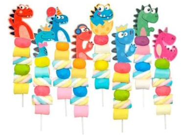 Lote de 8 Pinchos-Brochetas con Esponjas Multicolores Dinosaurios. Chuches. Detalles y Regalos Originales para Bodas, Comuniones, Bautizos, Cumpleaños. DK