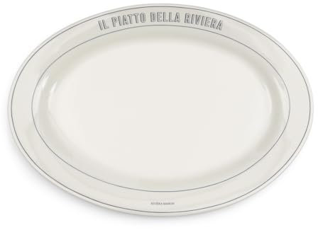 Riviera Maison Ovale Schale Weiß Porzellan, großer servierteller mit text Italienisches Tafelgeschirr - Long Island Serving Plate - (LxBxH) 50x33x4
