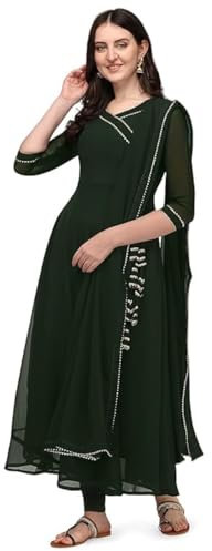 Estationeryhouse Women's Georgette Anarkali Kurta Kurti with Dupatta (Bottoms not included) (Large, Bottle Green)