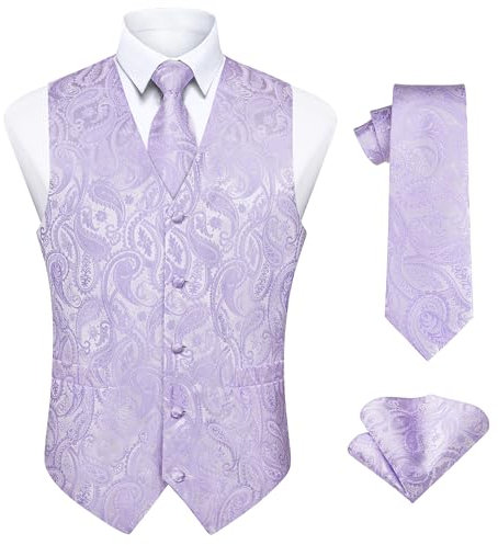 Enlision Gilet da Uomo Elegante Paisley Jacquard Gilet Viola da Abito Cravatta e Fazzoletto Set per Festa Sposa