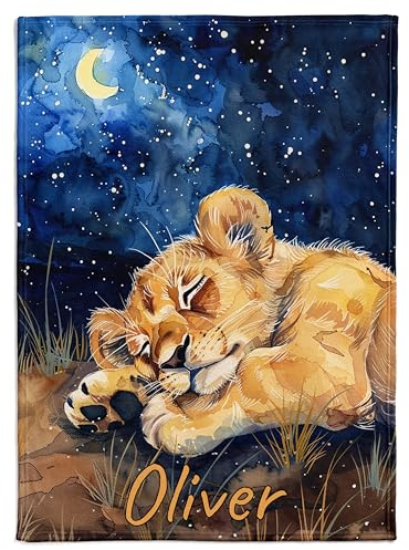 Pictogogo Personalisierte Babydecke mit Namen und Datum - Kuschelige Meilensteindecke aus Minky-Fleece, Ideal als Geburtsgeschenk (Schlafender Löwe)