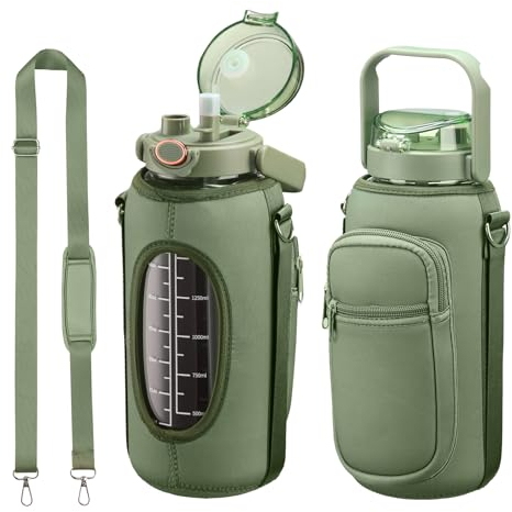 chunmo Half Gallon 64oz Glass Water Bottle with Straw and Storage Sleeve Motivational Water Bottle with Strap and Time to Drink 2L Leakproof Reusable Water Jug for Fitness Gym and Outdoors