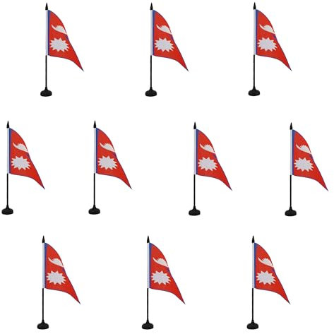AZ FLAG 10 Stück Nepal-Tischflagge, 21 x 14 cm – 10 kleine nepalesische Büroflaggen, 100 % Polyester, mit Fahnenstange von 25 cm und Sockel aus schwarzem Kunststoff