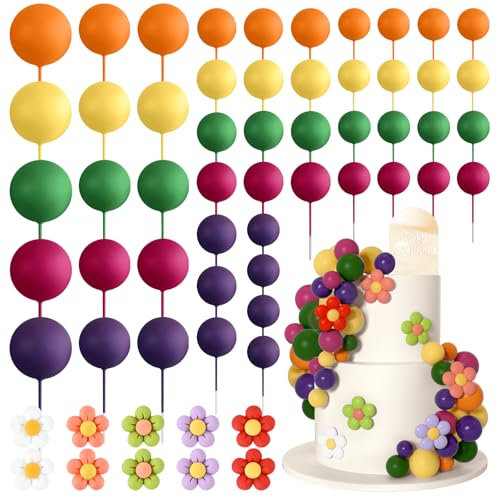 Bouiexye 61 Pcs Boho Cake Topper Balls Decorations Mini Balloon Retro Hippie Daisy Flower Acrylic Cake Toppers for Birthday Party Wedding Rainbow Baby Shower (Rainbow Colors)