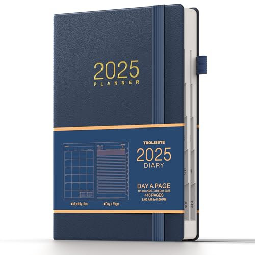 TDOLISSTE - Kalender 2025 Terminplaner, A5 Agenda Buchkalender 365-Seiten-Tagesplan und 24-Seiten-Monatsplan, Stiftschlaufe und Innentasche, Gebundene Ausgabe (Blau)