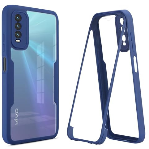 ILING Transparente Hülle für VIVO Y20s / VIVO Y20 / VIVO Y11s, 360-Grad-Ganzkörper Stoßfest Schutzhülle mit Eingebauter Displayschutz, Ultra Dünn Harte PC Silikon TPU Handyhülle (Blau)