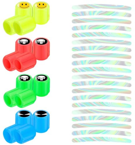 BEPSYOM 16 STK Universelle Fluoreszierende Leuchtende Ventilkappen mit 20 reflektierenden Aufklebern für Auto SUV Fahrrad Motorrad
