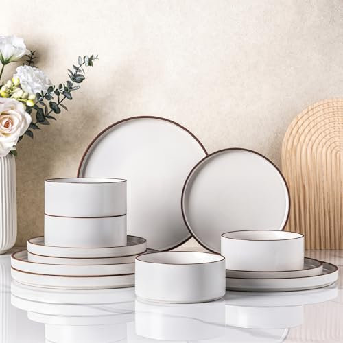 LeRatio Dinner Set for 4, 12 Piece Stoneware Plates and Bowls Set, Chip and Scratch Resistant Dinnerware Set, Oven & Dishwasher & Microwave Safe Crockery Set (Pearl White-Brown Rim, Service for 4)