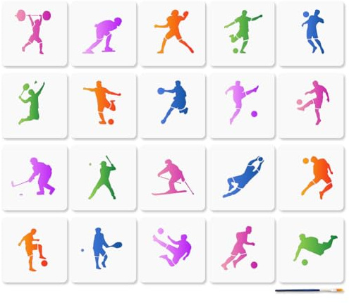 MAYJOYDIY 20 Sport Schablonen Ballsport Malschablonen 15 × 15cm Sportliche Wiederverwendbare Kunststoff Schablone Mit Pinsel Kampagnen Vorlage Zum Basteln Auf Fenster Holz Wand Heimdekoration