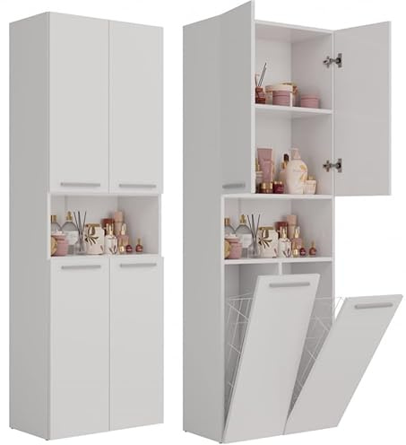 BDW Armoire de Salle de Bain à 2 Paniers à Linge et 2 Portes - Meuble Sous-Lavabo 174 x 60 x 30 cm (Blanc)
