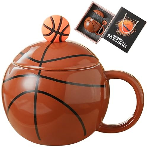 Old Craftsmen's Novelty 14oz Funny Coffee Mug Basketball Cereal Bowl with Lid and Spoon, Kids Christmas Basketball Gifts for Boy Girl, Hot Chocolate Cups for Basketball Fans, Basketball Player, Red