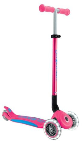 GLOBBER Primo Foldable Plus Lights Roller – Tretroller Kinder ab 3 Jahre - Scooter 120/80 mm - ABEC 5, 3-rädrig mit LED Rollen – höhenverstellbar – pink-hellblau