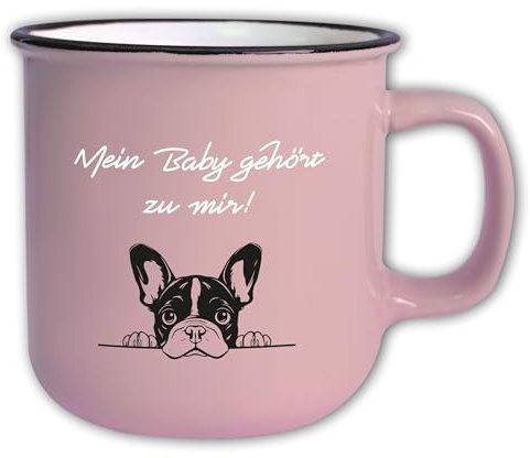 Jumbo Tasse Vintage mit Spruch T152 „Mein Baby gehört zu mir″ Motiv Hund französische Bulldogge Rosa Geschenk Retro Keramik 350 ml