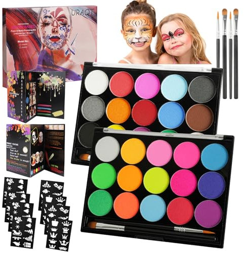 URAQT Kit de Pintura Facial, Pintura Facial de 15 Colores y Pintura UV de Neón de 15 Colores con 2 Pinceles, 80 Plantillas, Pintura Corporal Segura Lavable para Adultos, Niños, Fiesta de Halloween