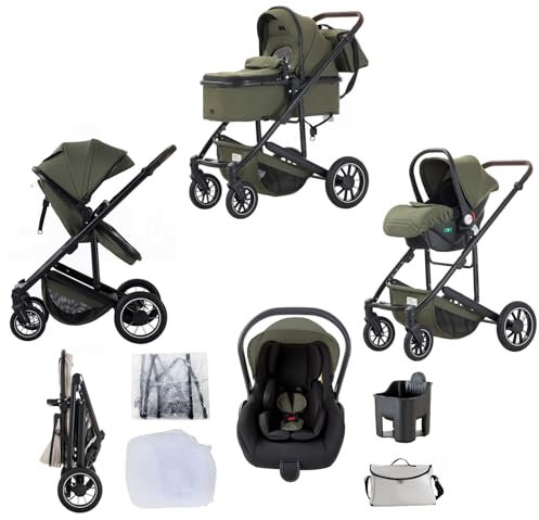 Lnhcrbs Passeggino Trio, Verde-Set Passeggino e Seggiolino Auto, passeggino fronte mamma da Viaggio con Manico Regolabile, Cestino&Cestino per Dormire con Copripiedi, Copripiedi rialzati,0-4,22KG