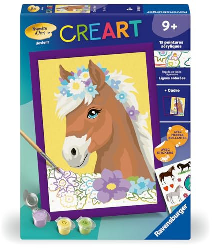 Ravensburger - CreArt Kids 18x24 cm - Numéro d'art - Cheval Fleuri - Kit de Peinture par numéros - Dès 7 Ans - 25906