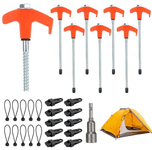 Kit Complet Accessoires de Tente de Camping – 10 Tendeurs élastiques à Boule, 10 Clips de Bâche, 8 Piquets de Tente à vVsser, 1 Douille Hexagonale – Multifonction pour Montage et Démontage Rapide