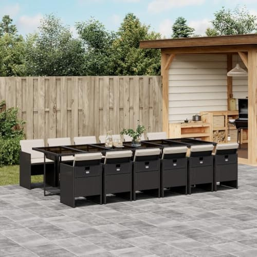 IKAYAA Rattan Gartenmöbel Set 13-TLG, Rattan Sitzgruppe für 12 Personen, Gartentisch aus Glas mit Stapelbar Stühlen & Kissens, Essgruppe Garten, Gartengarnitur Sitzgarnitur, Schwarz und Creme