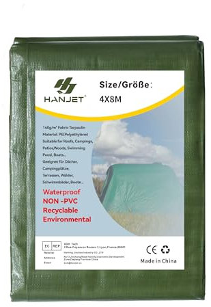 Hanjet Außenseitiger PE Plane Abdeckplane 140g/m² robust, grün, wasserdichter Schutzplane gegen Wind & Regen für Hof, Dach, Zelt, Pool – mehrzweckfähig (4 x 8 m)