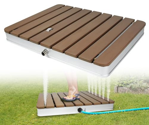 HENGMEI Gartendusche Bodendusche Outdoor WPC Campingdusche Außendusche Saunadusche rutschfest Wetterfest Aluminium Standfläche bis 4 m Fontänenhöhe Fußboden Dusche (Holzoptik - Rechteckig)