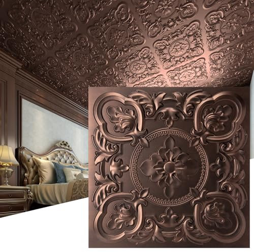 Art3dwallpanels 12 Pack Drop Ceiling Tiles, 24 x 24 Inch High Grade PVC 3D Wall Panels Vintage Flower Pattern for Interior Wall Decor, Fire Rated, Waterproof, Antique Copper