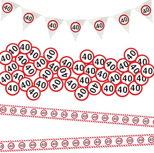 Absperrband 40 Geburtstag Deko,Geburtstag Deko Absperrband Verkehrszeichen 20 m,Verkehrsschild zum 40,mit Wimpel,Geburtstagsdeko,mit Wimpel,für 40 Jubiläum Party