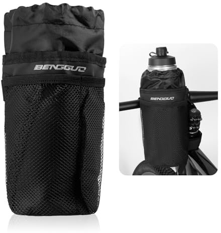 Lvjkes Flaschenhalter Fahrrad, Getränkehalter Fahrrad ohne Schrauben, Mit Netztasche und Handytasche, Wasserdichtes Material, Für Kinderwagen,Rollstühle,Roller und Geländefahrzeuge