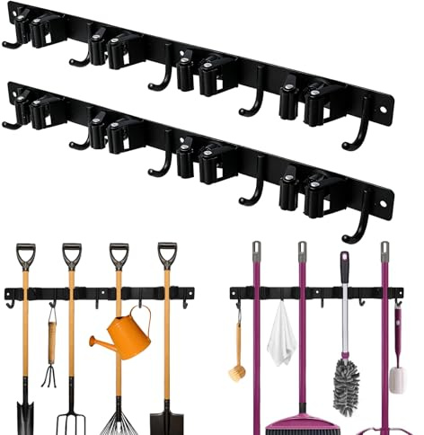SDLDEER 2PCS Black Broom Holder Wall Mounted, Heavy Duty Stainless Steel Mop Holder with Utility Hooks for Kitchen, Bathroom, Office, Closet, Garden, Garage