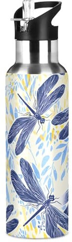 Sevdomey Bouteille d'eau aquarelle libellules avec couvercle à paille, bouteille d'eau isotherme en acier inoxydable pour sport, cyclisme, randonnée, gym, école, maison
