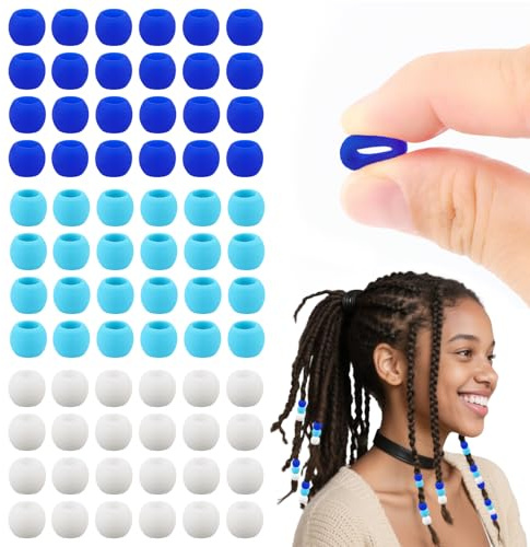 AD Beads 216PCS 8X10mm Soft Pony Silicone Beads for Hairstyle, Blue Series with 80 Elastic Bands, Tool and Storage Box Kit for Braids, Bracelet, Crafts.