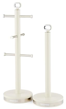 GEEPAS Retrovive Mug Tree and Towel Pole Set | Rust Corrosion Free Carbon Steel Material Non-Slip Base Free Standing Design Kitchen Counter Storage Space Saver | Holds Upto 6 Mugs | Cream
