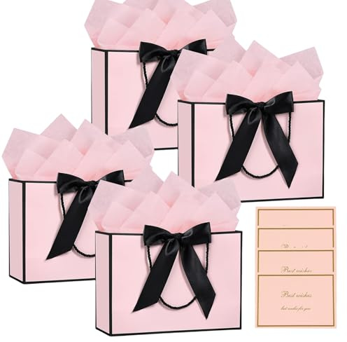 Medium Gift Bags for Present - 4 Pcs Birthday Gift Bag with 4 Wrappers and 2 Cards, Luxury Paper Bags with Handles for Girls Womens Wedding Baby Shower Bridesmaid Party