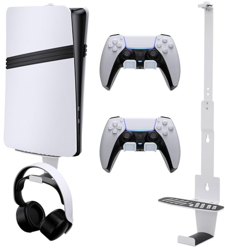 Lomffy Soporte de Pared PS5, Soporte de Pared para PS5/PS5 Slim/PS5 Pro Consola Soporte de Montaje en Pared de Acero para PS5 con Colgador para Auriculares 2 y Soportes para Controladores